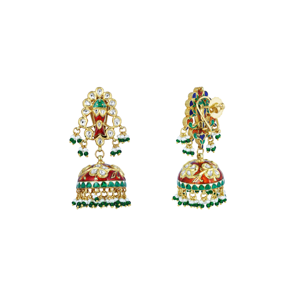 Polki Jhumka Earrings with Red-Green Enamel and Green Beads